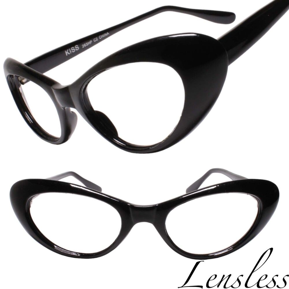 Genuine Vintage Nostalgic Mod Style Black Lensless Cat Eye Glasses Frames